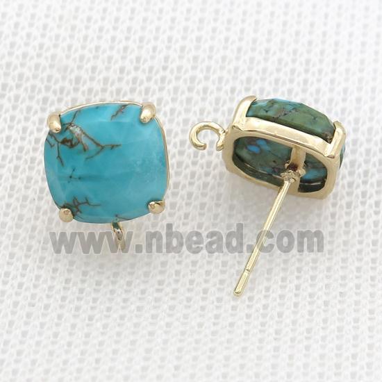 Copper Stud Earring Pave Green Turquoise Dye Square Gold Plated
