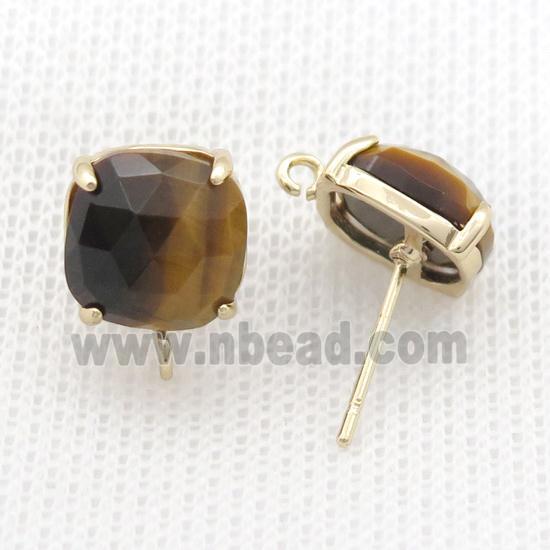 Copper Stud Earring Pave Tiger Eye Square Gold Plated