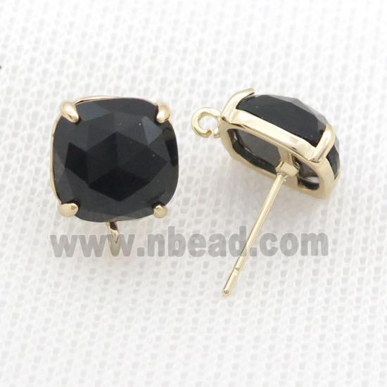 Copper Stud Earring Pave Black Onyx Agate Square Gold Plated