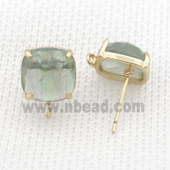 Copper Stud Earring Pave Green Fluorite Square Gold Plated