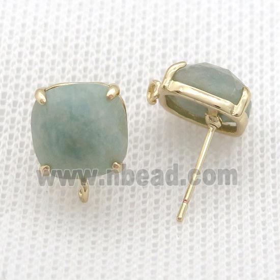 Copper Stud Earring Pave Green Amazonite Square Gold Plated