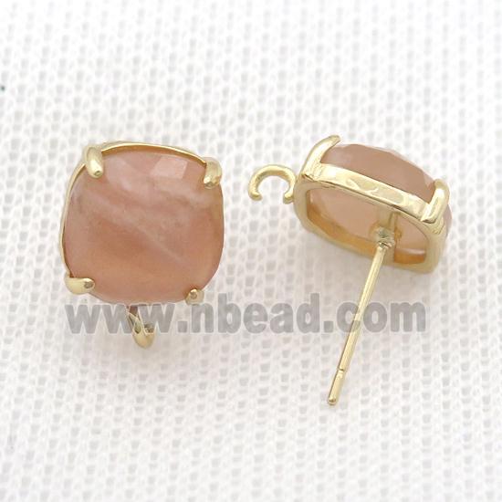 Copper Stud Earring Pave Peach Sunstone Square Gold Plated