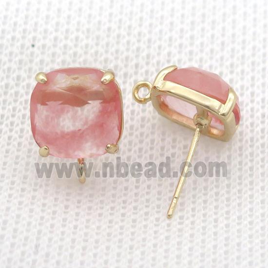 Copper Stud Earring Pave Pink Synthetic Quartz Square Gold Plated