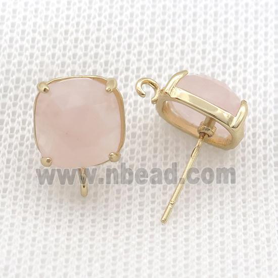 Copper Stud Earring Pave Rose Quartz Pink Square Gold Plated