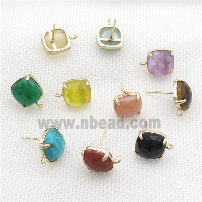 Copper Stud Earring Pave Gemstone Square Gold Plated Mixed