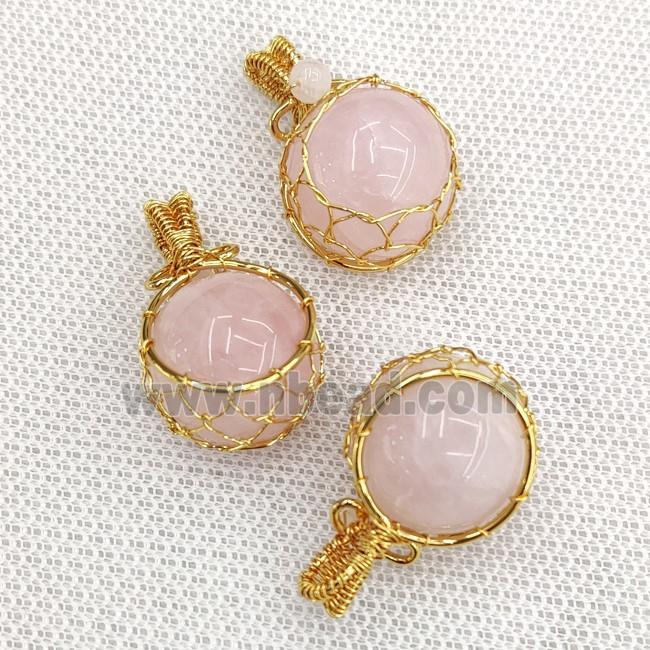 Natural Pink Rose Quartz Sphere Ball Pendant Wire Wrapped