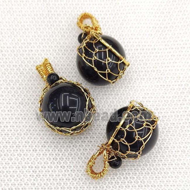 Natural Black Obsidian Sphere Ball Pendant Wire Wrapped