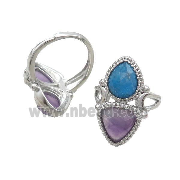 Copper Ring Pave Amethyst Apatite Adjustable Platinum Plated