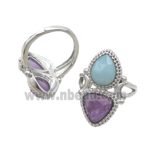 Copper Ring Pave Amethyst Amazonite Adjustable Platinum Plated