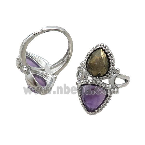 Copper Ring Pave Amethyst Pyrite Adjustable Platinum Plated