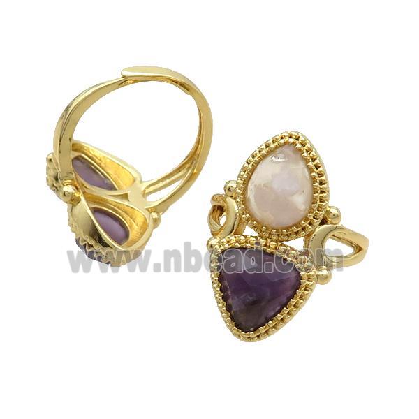 Copper Ring Pave Amethyst Cherry Agate Adjustable Gold Plated