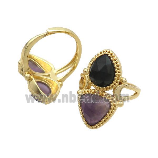 Copper Ring Pave Amethyst Onyx Agate Adjustable Gold Plated