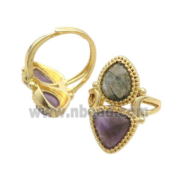 Copper Ring Pave Amethyst Labradorite Adjustable Gold Plated