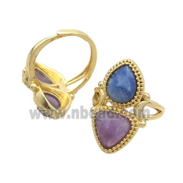 Copper Ring Pave Amethyst Blue Aventurine Adjustable Gold Plated