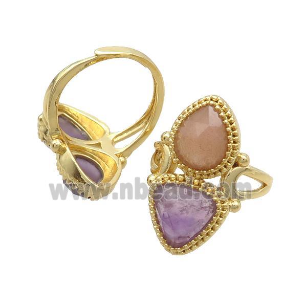 Copper Ring Pave Amethyst Peach Sunstone Adjustable Gold Plated