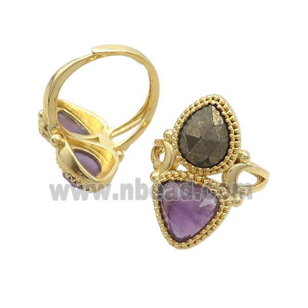 Copper Ring Pave Amethyst Pyrite Adjustable Gold Plated