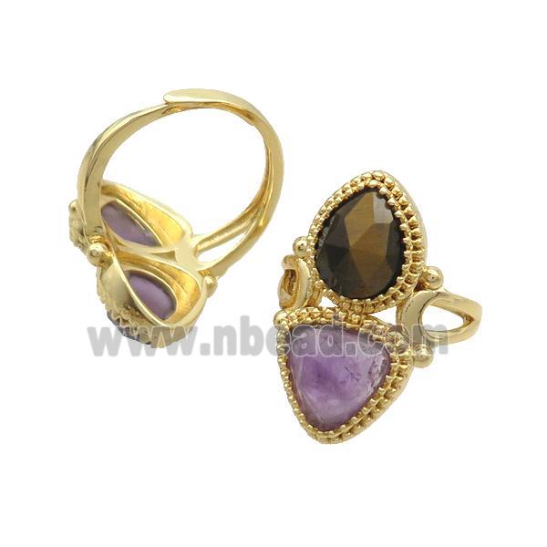 Copper Ring Pave Amethyst Tiger Eye Stone Adjustable Gold Plated