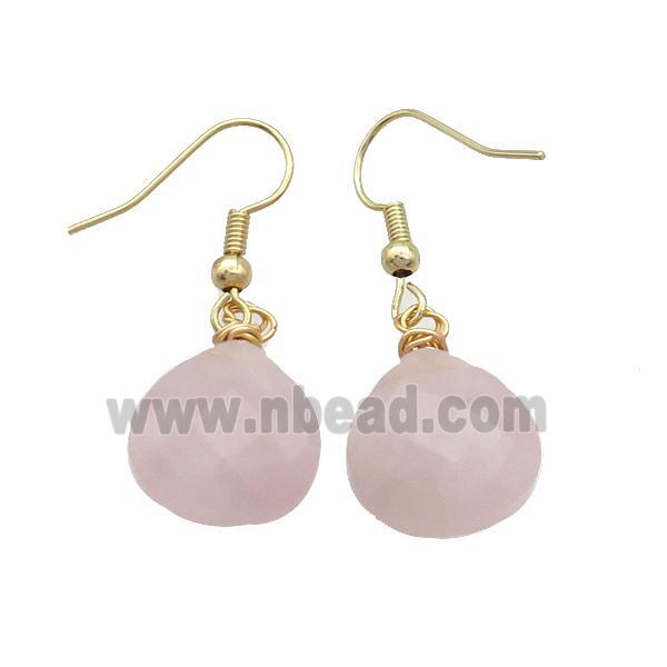 Pink Rose Quartz Copper Hook Earrings Teardrop Gold Plated