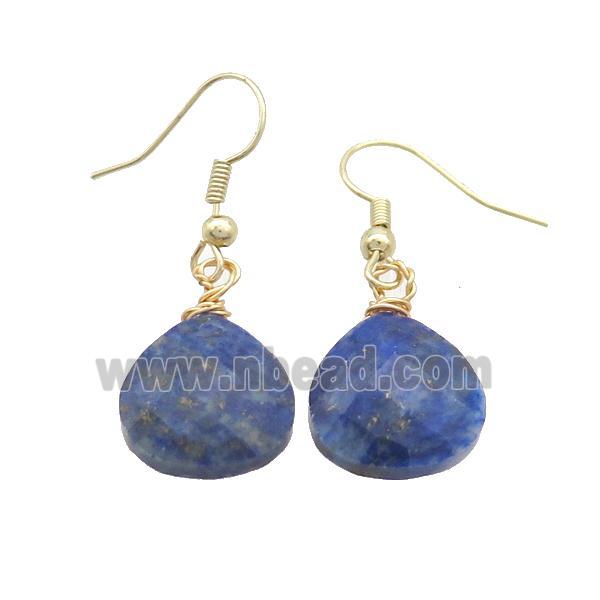 Natural Blue Lapis Lazuli Copper Hook Earrings Teardrop Gold Plated