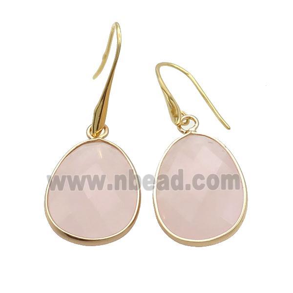 Pink Rose Quartz Copper Hook Earrings Teardrop Gold Plated