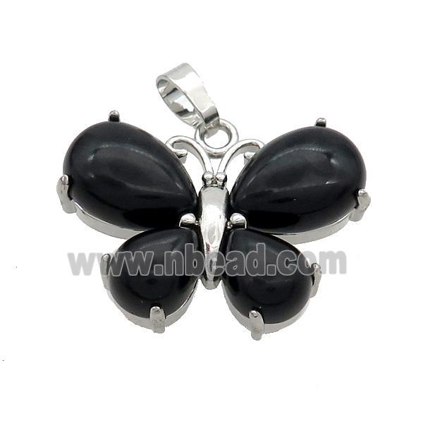 Natural Black Onyx Agate Butterfly Pendant Platinum Plated