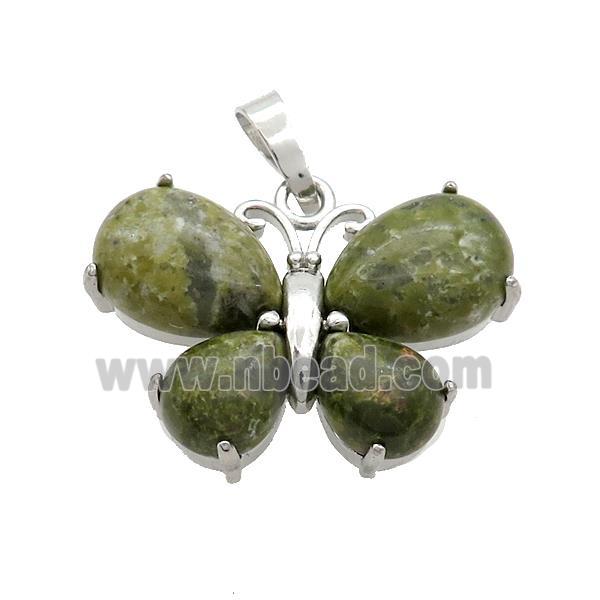 Natural Green Unakite Butterfly Pendant Platinum Plated