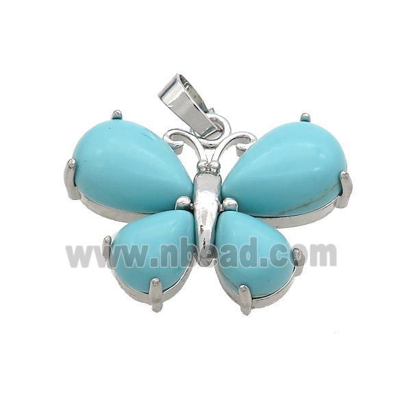 Blue Magnesite Turquoise Butterfly Pendant Platinum Plated