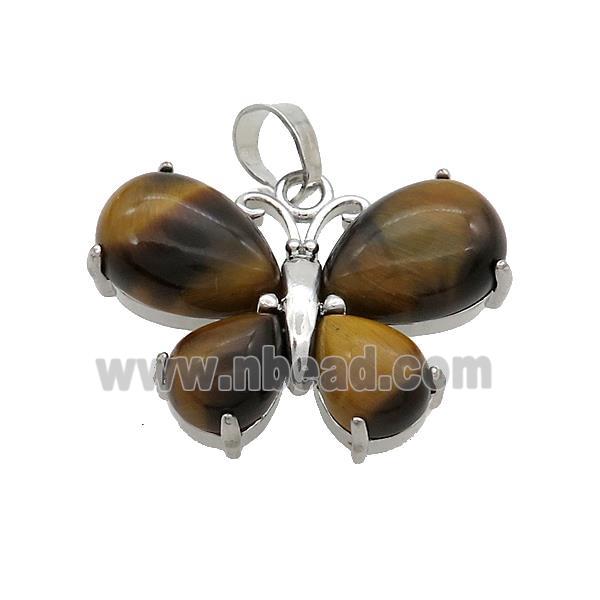 Natural Tiger Eye Stone Butterfly Pendant Platinum Plated