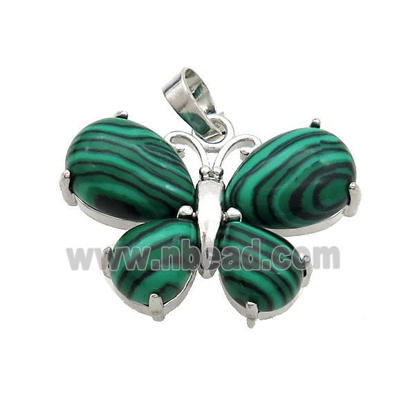 Synthetic Malachite Butterfly Pendant Green Platinum Plated