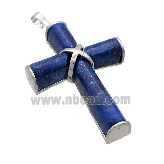 Natural Blue Lapis Lazuli Cross Pendant Platinum Plated