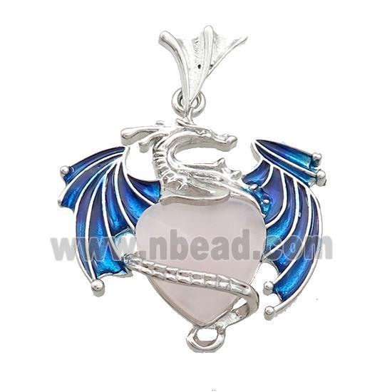 Alloy Dragon Pendant Pave Rose Quartz Heart Blue Enamel Platinum Plated