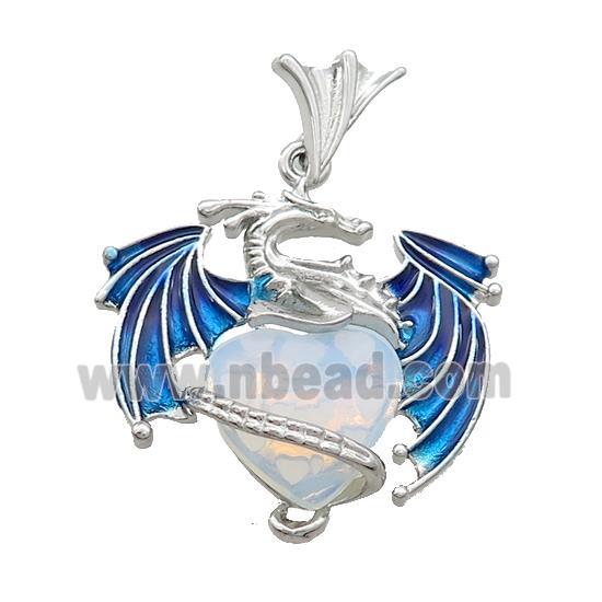 Alloy Dragon Pendant Pave White Opalite Heart Blue Enamel Platinum Plated