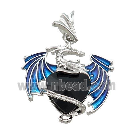 Alloy Dragon Pendant Pave Black Onyx Heart Blue Enamel Platinum Plated