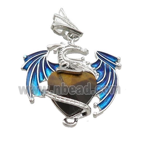 Alloy Dragon Pendant Pave Tiger Eye Stone Heart Blue Enamel Platinum Plated