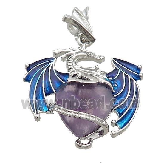 Alloy Dragon Pendant Pave Purple Amethyst Heart Blue Enamel Platinum Plated