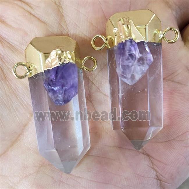 Natural Clear Quartz Bullet Pendant With Amethyst 2loops Gold Plated