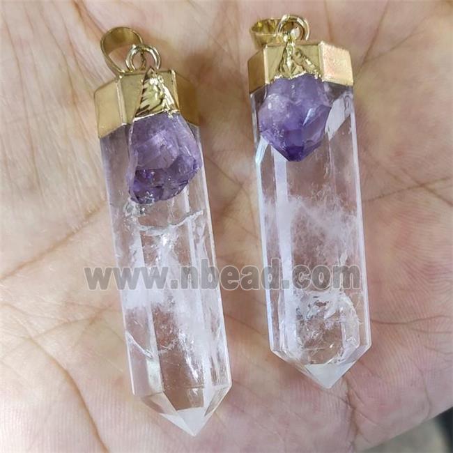 Natural Clear Quartz Bullet Pendant With Amethyst Gold Plated