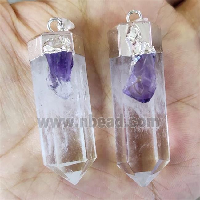 Natural Clear Quartz Bullet Pendant With Amethyst Silver Plated