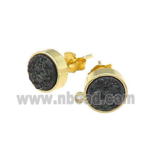 Black Druzy Quartz Stud Earrings Gold Plated