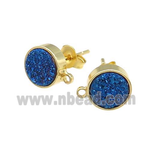 Blue Druzy Quartz Stud Earrings Gold Plated