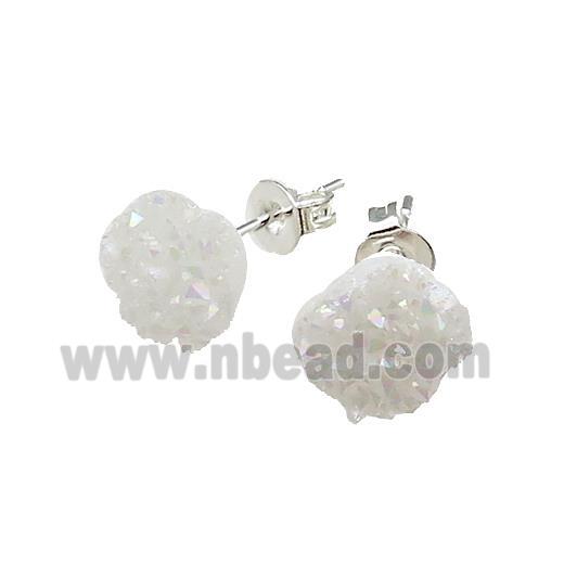 White AB-Color Druzy Quartz Stud Earrings Platinum Plated