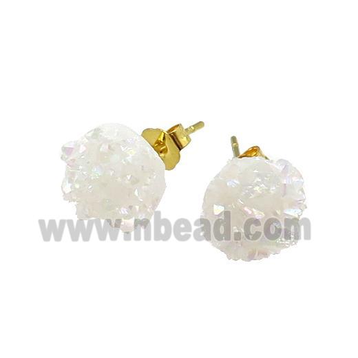 White AB-Color Druzy Quartz Stud Earrings Gold Plated