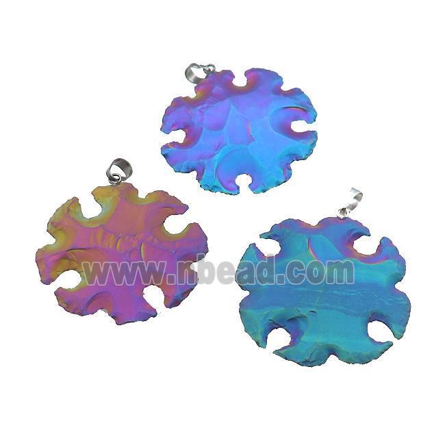 Natural Rock Agate Pendant Hot Wheels Snowflake Hammered Multicolor Electroplated
