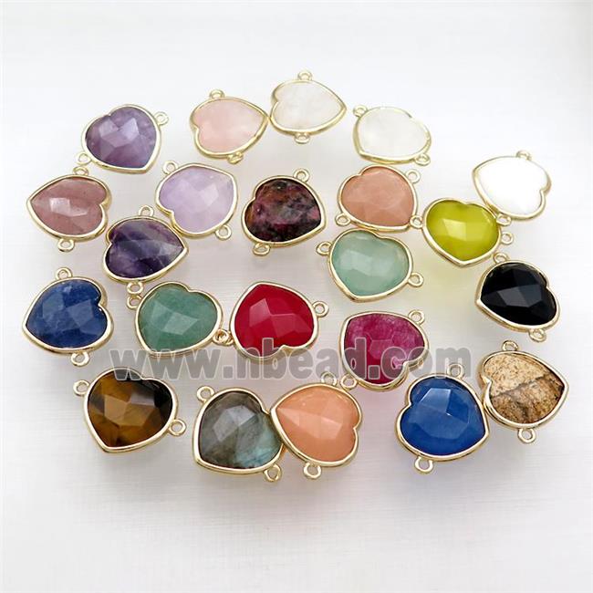 Mixed Gemstone Jade Heart Connector Gold Plated