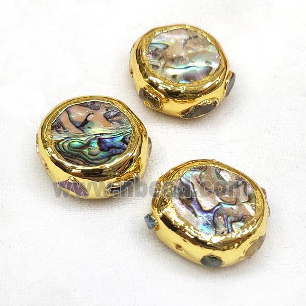 Abalone Shell Beads Coin Circle With Multicolor Tourmaline Gold Plated