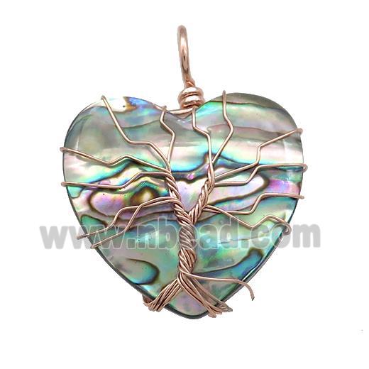 Abalone Shell Heart Pendant Tree Of Life Copper Wire Wrapped Rose Gold
