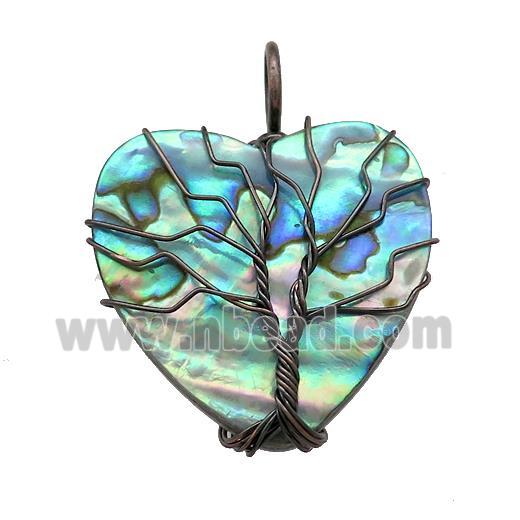 Abalone Shell Heart Pendant Tree Of Life Copper Wire Wrapped Black Plated