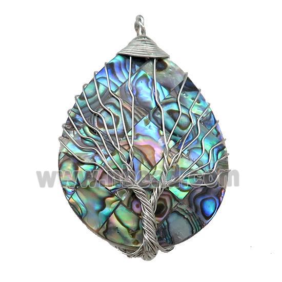 Abalone Shell Teardrop Pendant Tree Of Life Copper Wire Wrapped Plaitnum