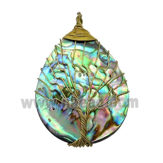 Abalone Shell Teardrop Pendant Tree Of Life Raw Brass Wire Wrapped