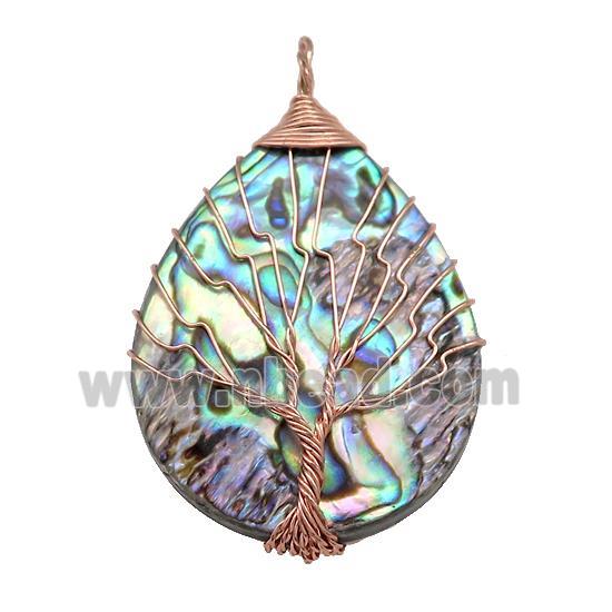 Abalone Shell Teardrop Pendant Tree Of Life Copper Wire Wrapped Rose Gold